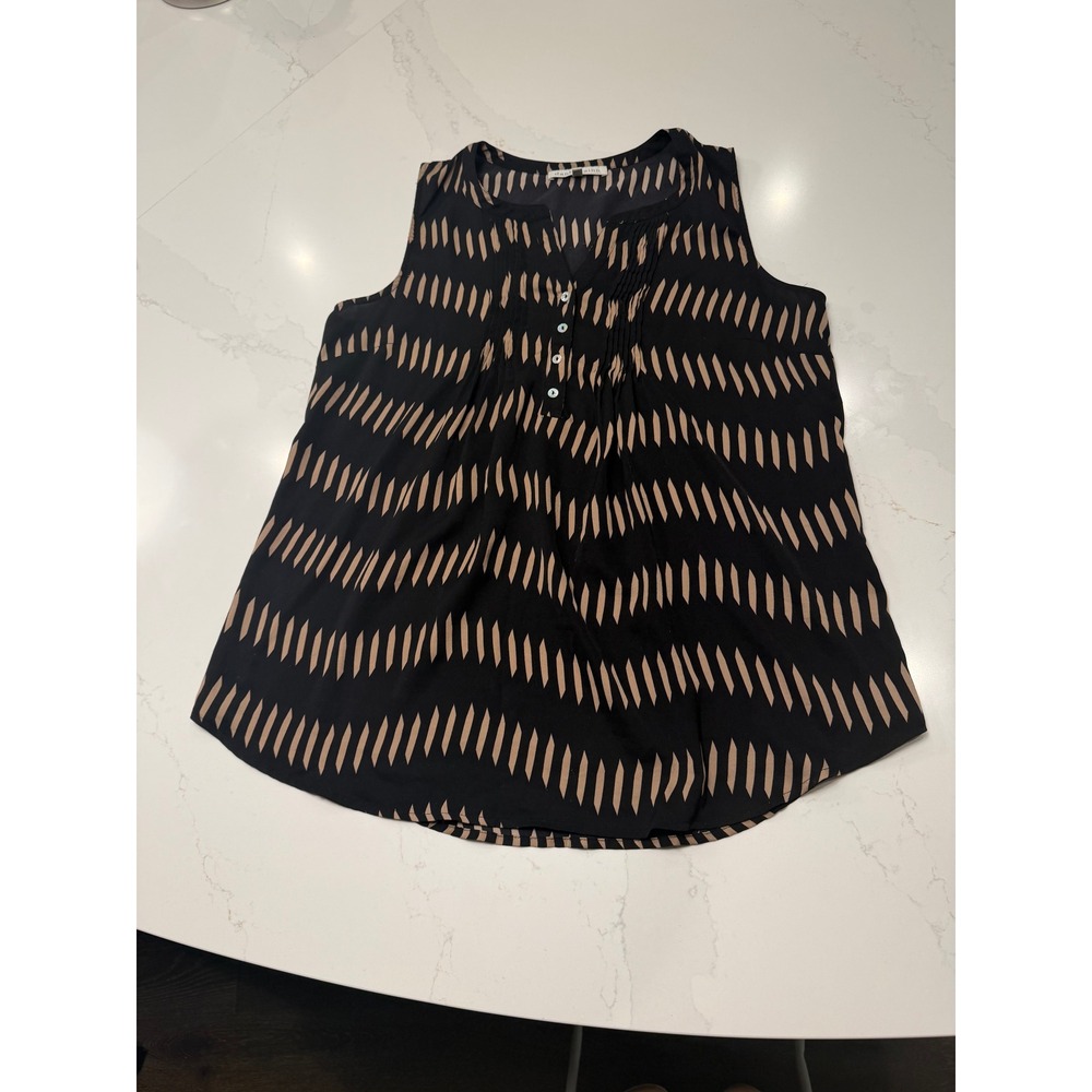 Daniel Rainn Womens Medium Black Tan Geometric Print 100% Silk Pintuck Blouse